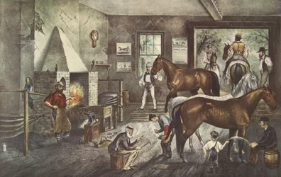 Trotting Cracks alla forgia, pub. 1869, Currier & Ives